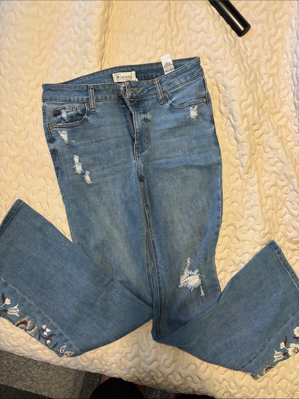 Celebrity Pink Distressed Light Blue Embroidered Flare Jeans